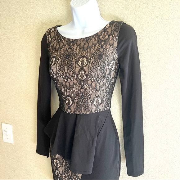 Bebe long sleeve lace black sheath dress w/ semi-peplum waist, XXS - Picture 3 of 8